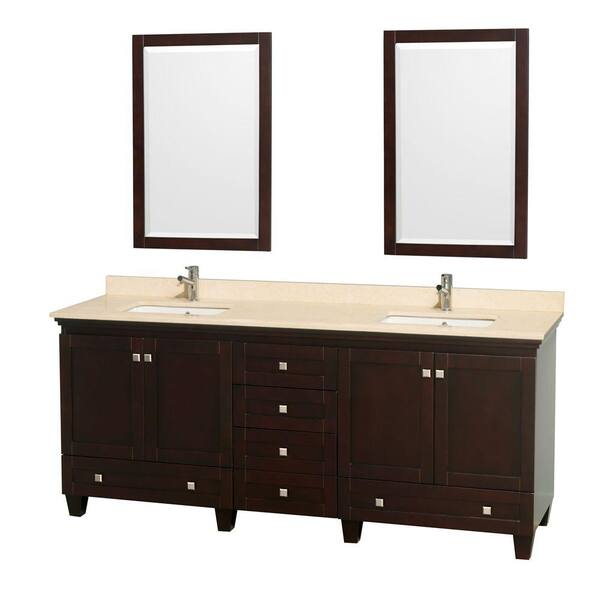 Wyndham Collection Acclaim 80 in. Double Vanity in Espresso with Marble Vanity Top in Ivory, Square Sink and 2 Mirrors