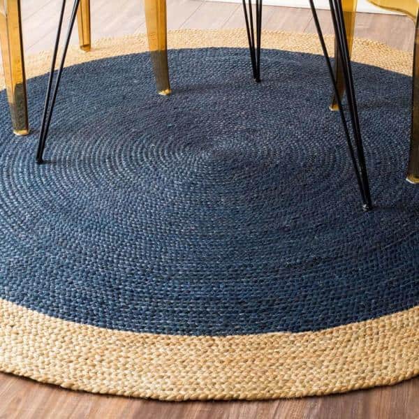 Eleonora Farmhouse Bordered Jute Blue 4 ft. Round Rug