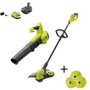 ONE+ 18V Cordless String Trimmer/Edger and Cordless Leaf Blower with Extra 3-Pack of Spools, 4.0 Ah Battery, and Charger