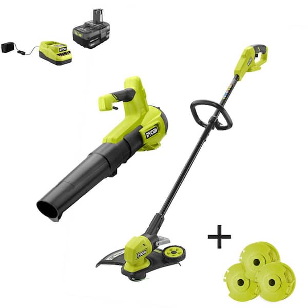 RYOBI ONE+ 18V Cordless String Trimmer/Edger and Cordless Leaf Blower with  Extra 3-Pack of Spools, 4.0 Ah Battery, and Charger P2039-AC The Home  Depot
