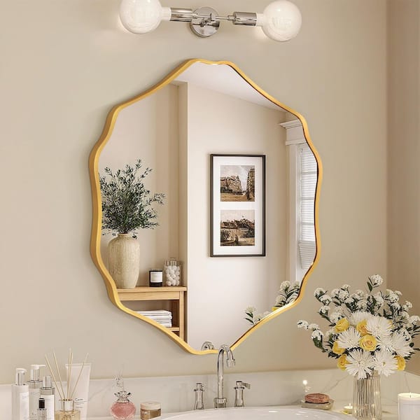 28 in. W x 32 in. H Scalloped Gold Aluminum Alloy Framed Irregular Wall Mirror