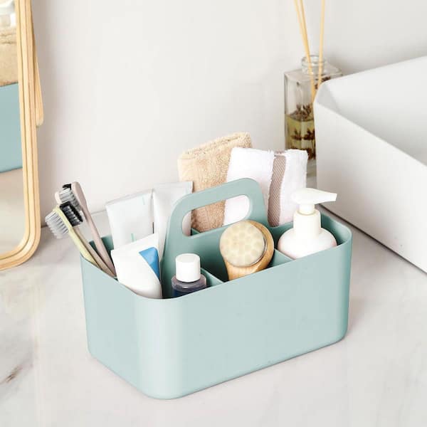 Mint Stackable Plastic Divided Storage Caddy Tote with Handle for Kitchen Bathroom Office Desk Organizer