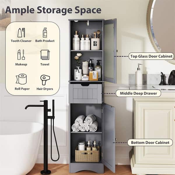 16 in. W x 12 in. D x 67 in. H Gray Bathroom Tall Freestanding Linen Cabinet Tower with Doors and Drawer