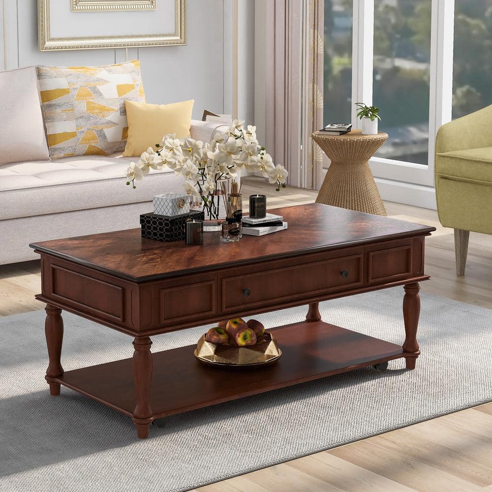 Magic Home 51.9 in. Round Sintered Stone Lift Top Storage Wood Coffee Table with Rotatable Drawers, White and Brown