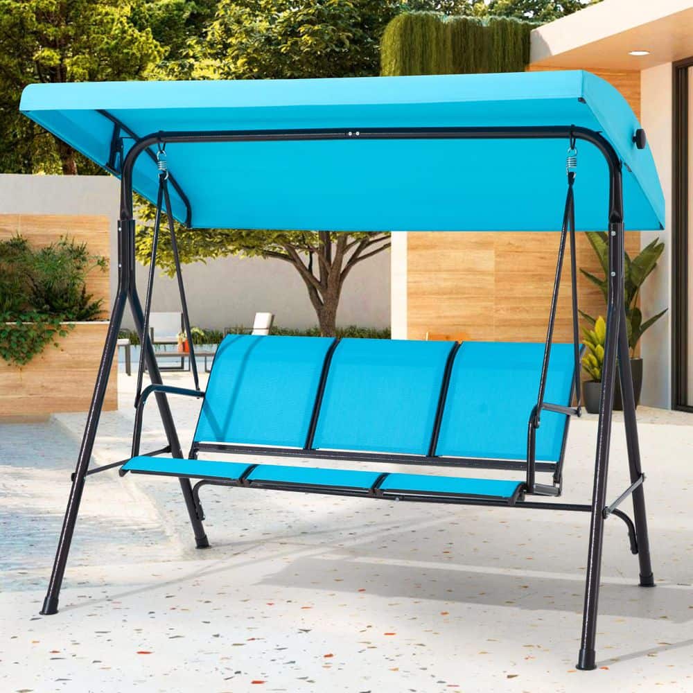 2-Person Black Metal Patio Swing with Light Blue Cushions and Adjustable Ca