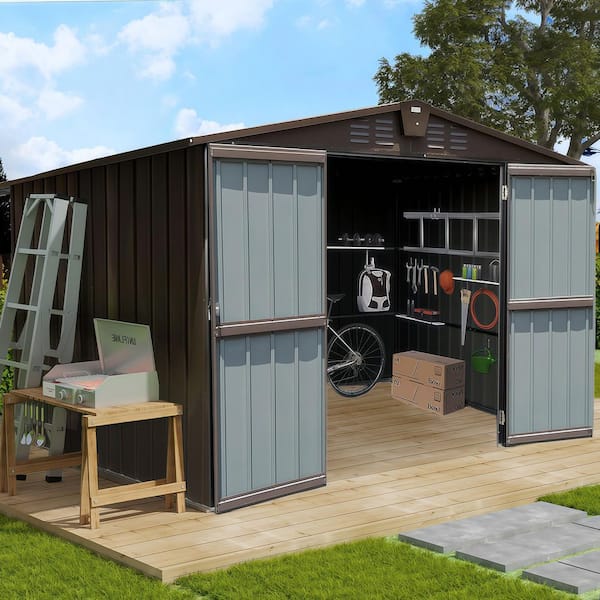 10 ft. W x 8 ft. D Outdoor Metal Shed Storage Tool House with Lockable Double Door for Backyard, Brown (80 sq. ft.)