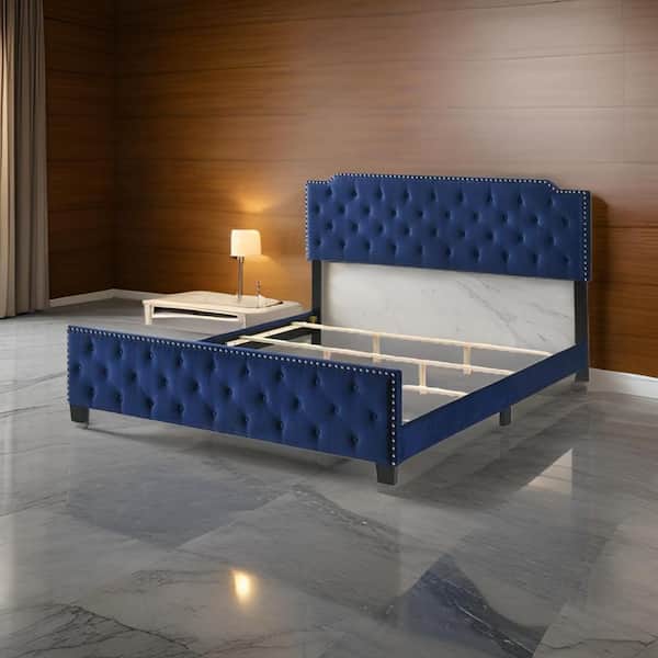 Benjara Agapi Blue Wood Frame King Size Platform Bed with Button Tufted