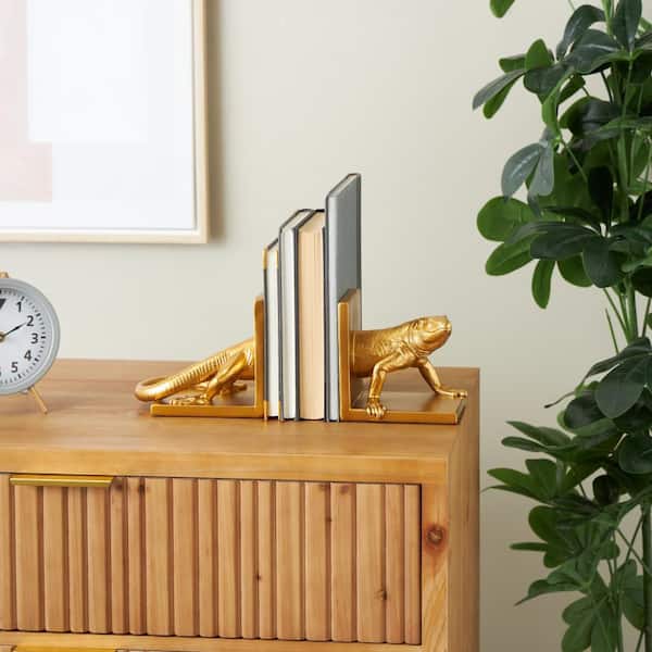 Litton Lane Gold Resin Crawling Lizard Bookends (Set of 2)