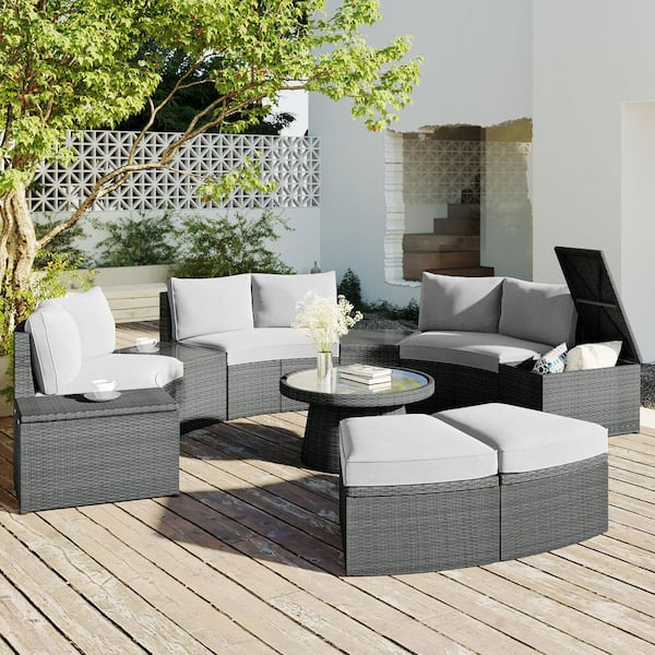 Tenleaf 10-Piece Wicker Half Round Patio Conversation Set with Light Gray Cushions