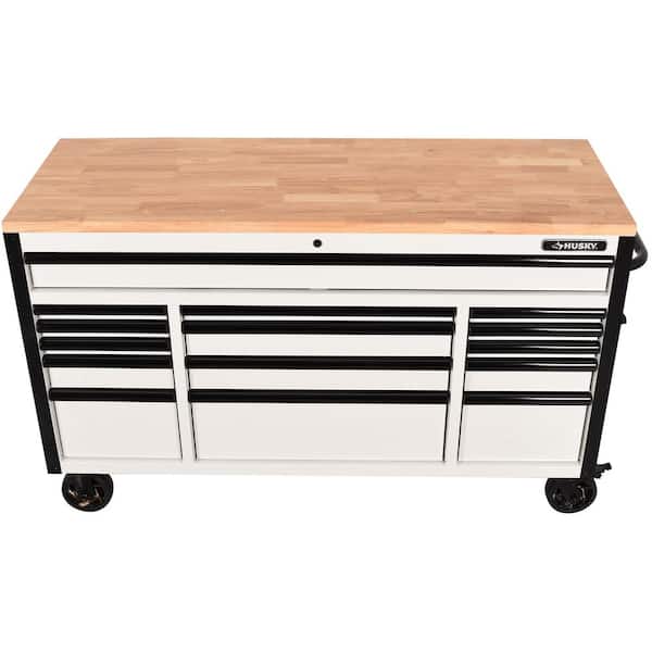 Husky 61 in. W x 23 in D Heavy Duty 15-Drawer Mobile Workbench with Mechanics Tool Set (290-Piece) in EVA in Matte White