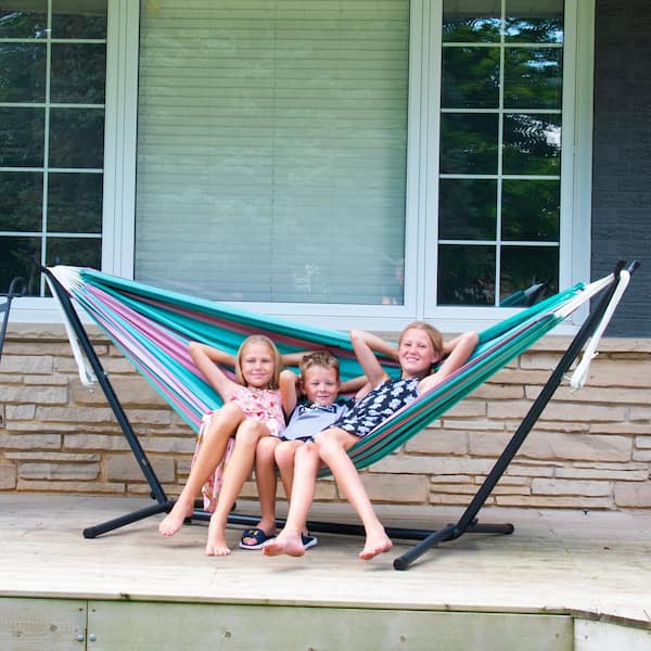 X-Factor 9 Ft Double Cotton Hammock With Space Saving Steel Stand Blue Strip NEW 