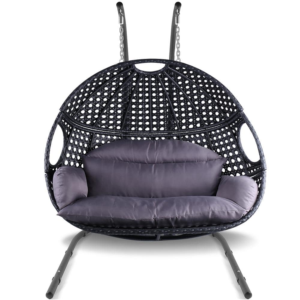 Zeus & Ruta Black Anti-Rust Wicker Rattan Outdoor Patio Double Swing ...