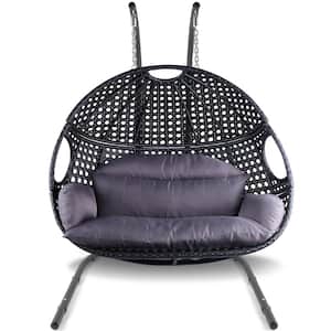 Black Anti-Rust Wicker Rattan Outdoor Patio Double Swing Hanging Egg Chair with Stand, Purple Cushions for 2 People