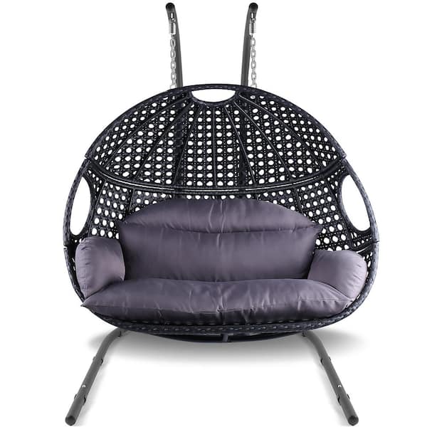 Zeus & Ruta Black Anti-Rust Wicker Rattan Outdoor Patio Double Swing Hanging Egg Chair with Stand, Purple Cushions for 2 People