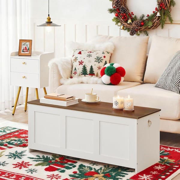 Storage Bench Series 16. in W x 39in. D x 16in. H White and Walnut