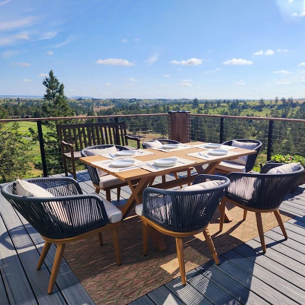 Teak-Finish 7-Piece Wicker Square Aluminum Frame Outdoor Dining Set and Pillows with Beige Cushions