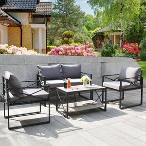 4-Piece Metal Outdoor Patio Conversation Set with Grey Cushions