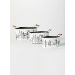 7.5'', 6.25'', and 5.5'' White Metal Tree Planters with Handles (Set of 3)