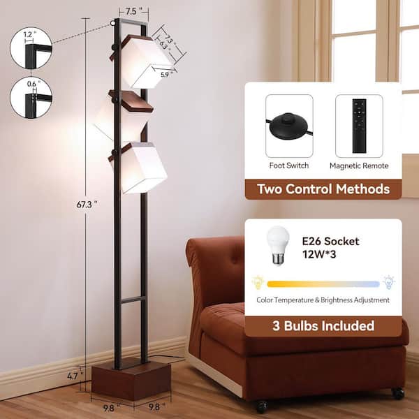 SUNMORY 67.5 in. Walnut 3-Light Tree Floor Lamp with Adjustable