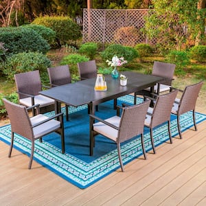 Black 9-Piece Metal Patio Outdoor Dining Set with Geometric Extendable Table and Rattan Chairs with Beige Cushion