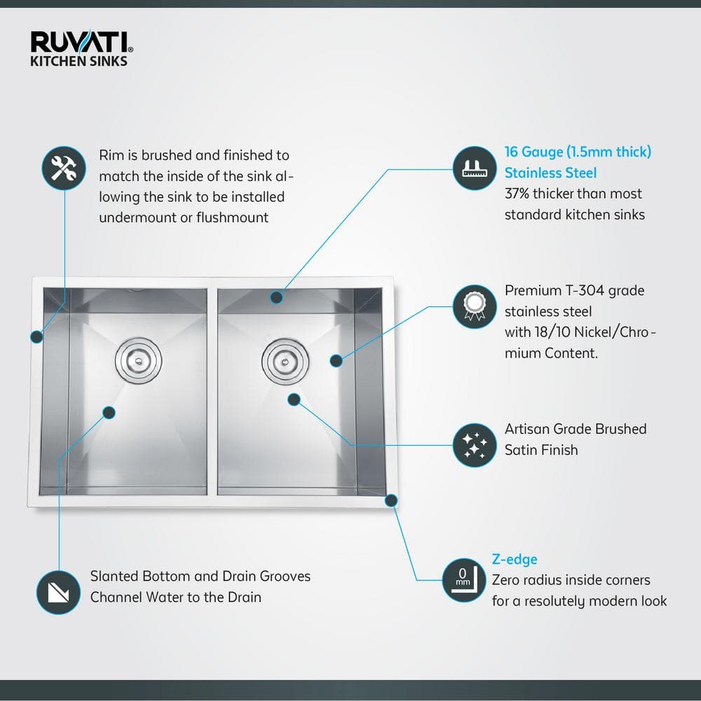 Ruvati 30-Inch Stainless Steel Double Bowl Undermount Kitchen Sink