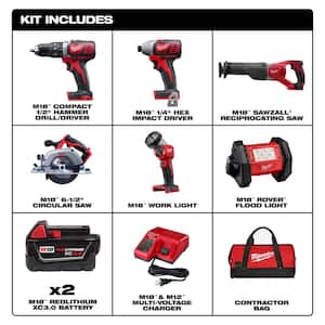 M18 18V Lithium-Ion Cordless Combo Kit with Two 3.0Ah Batteries (4-Tool) with 6-1/2 in. Circular Saw & Flood Light