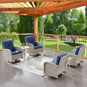 Light Beige 6-Piece Wicker Outdoor Swivel Rockers Patio Conversation Set with Navy Blue Cushions and Side Tables