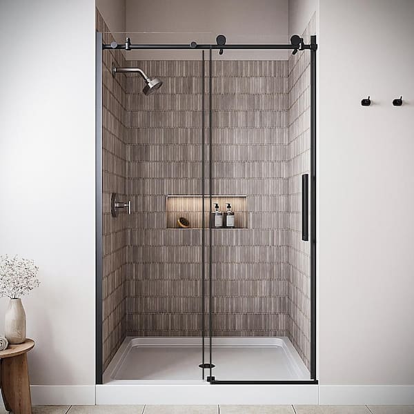 Averno 48'' x 76'' Semi-Frameless Sliding Shower Door with CrystalTech Treated 5/16'' Glass, Matte Black Hardware