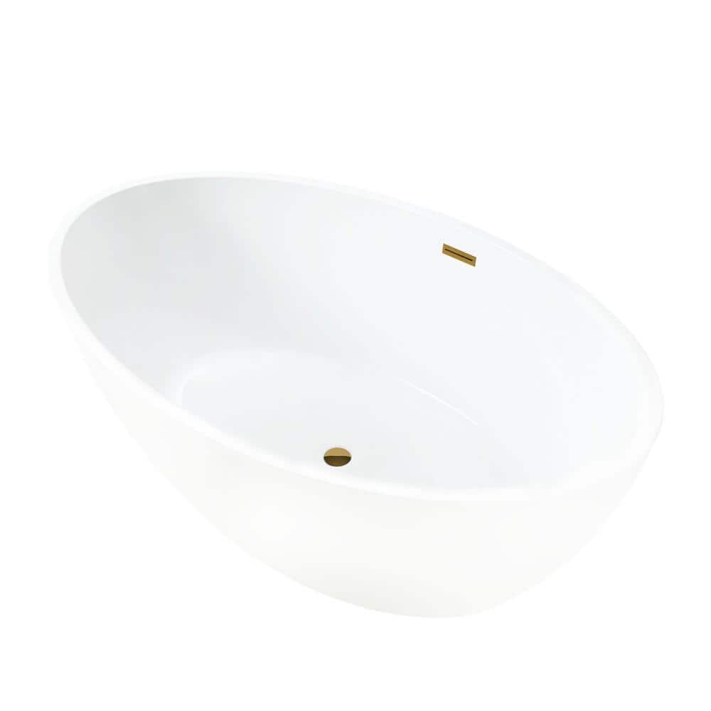 59" White Acrylic Freestanding Soaking Bathtub with Gold Accents