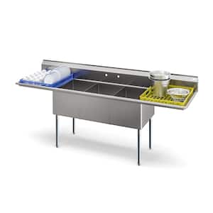 102 in. Three Compartment Commercial Sink Bowl Size 18x24x14 Stainless-Steel 18 Gauge with Two Drainboards