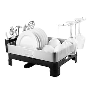 Simple 20.5 in. Stainless Steel White Fingerprint-Proof Stainless Steel Dish Rack with Tray and Wine Glass Holder