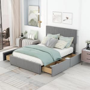 Gray Upholstery Wood Frame Full Size Platform Bed with 4 Drawers and Adjustable Headboard
