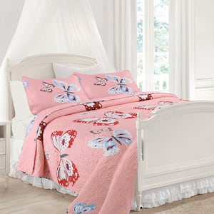Butterflies Honey Bees Arboretum Floral Butterfly 2-Piece Pink Blue Red Polyester Twin Quilt Bedding Set