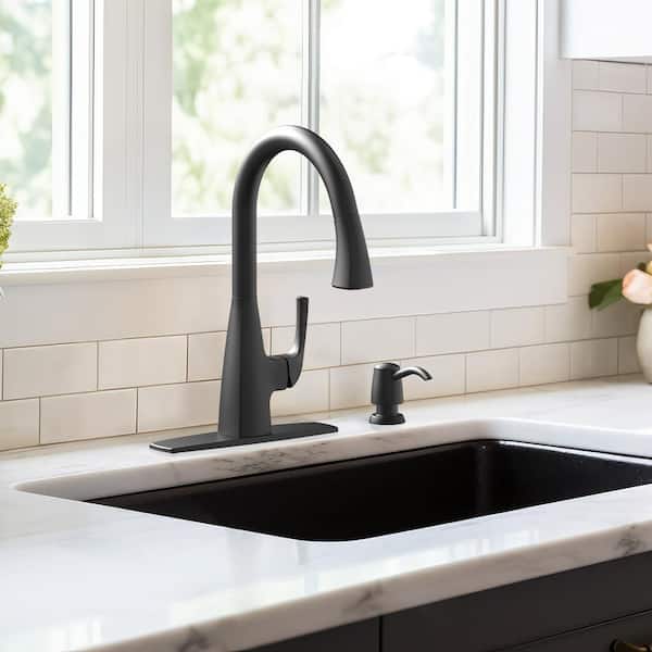 Calandine Single Handle Pull-Down Sprayer Kitchen Faucet with Soap Dispenser in Matte Black