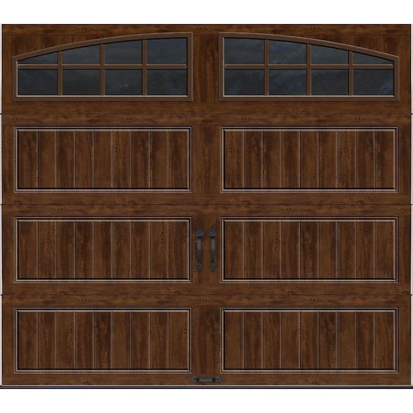 Clopay Gallery Steel Long Panel 8 ft x 7 ft Insulated 6.5 R-Value Wood Look Walnut Garage Door with Arch Windows