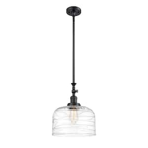 Bell 1-Light Matte Black Bowl Pendant Light with Clear Deco Swirl Glass Shade