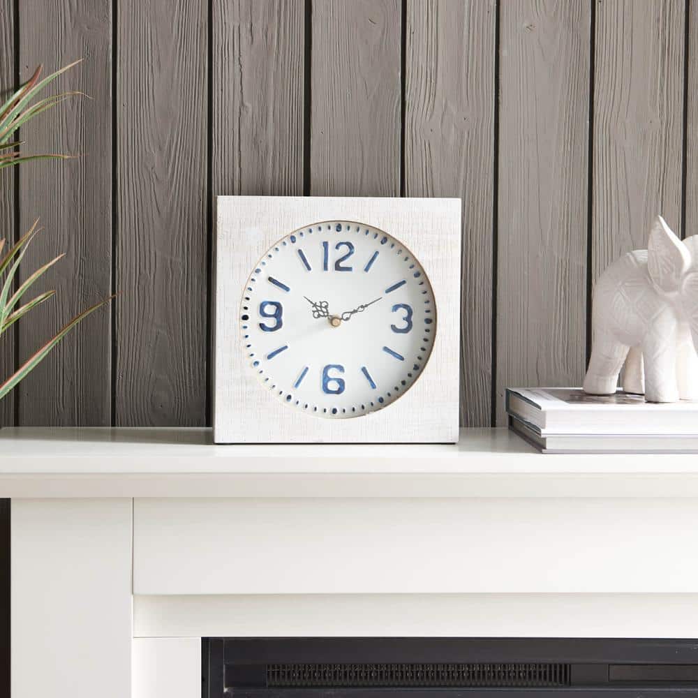 Medium Table Clock HEMSLY INC Modern Farmhouse Square White Wood and Metal Table Clock ...