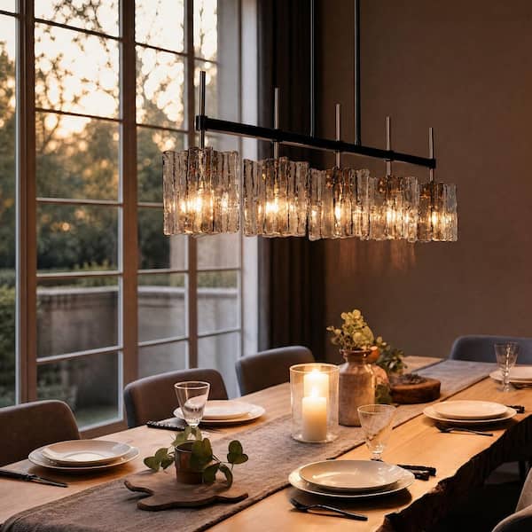 Kristie Modern 5-Light Black and Plated Brass Linear Chandelier with Grey Geometric Ice Glass Shades