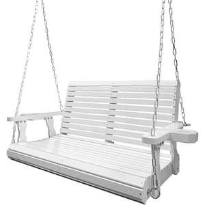 4 ft. Outdoor Wood Porch Swing with Cup Holders, Adjustable Hanging Chains and Spring Hooks, White