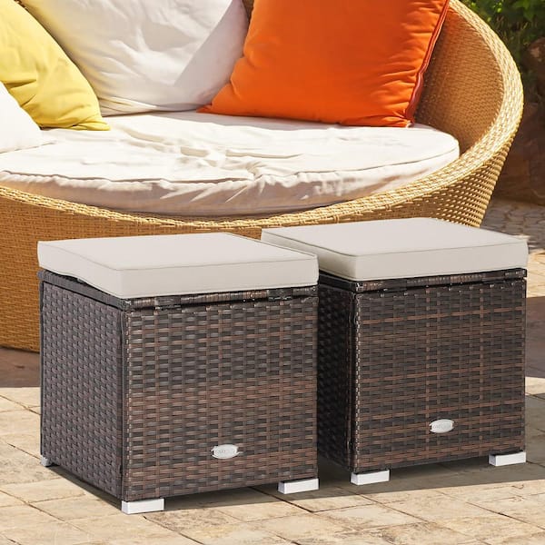 2-Piece Wicker Outdoor Ottomans Storage Box Footstool with Beige Cushions