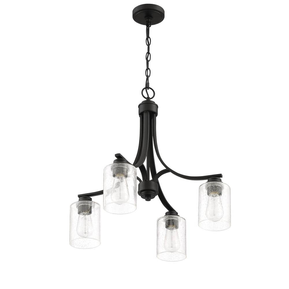 Flat Black and Clear Seeded Glass 4-Light Chandelier