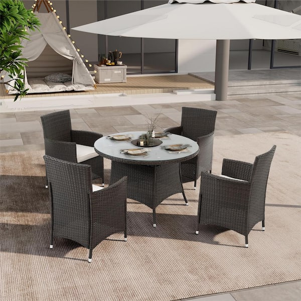 Unbranded 5-Piece Wicker Outdoor Dining Set with Cushions, Round Tempered Glass Tabletop with Umbrella Hole for Yard Brown-White