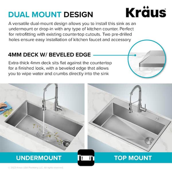 Loften All-in-One Dual Mount Stainless Steel 33in. Single Bowl Kitchen Sink with Pull Down Faucet in Chrome and Steel