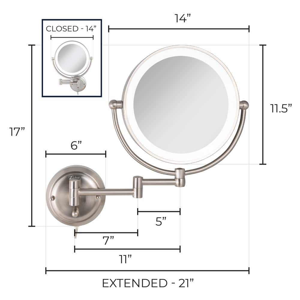 Satin Nickel 14" Dual-Sided 5X/1X Magnifying Wall Mirror with Adjustable Brightness