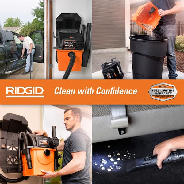5 Gal. 5.0 Peak HP Portable Wall Mount Shop Vacuum Wet Dry Vac with Filter, 2 Locking Hoses, Accessories and LED Nozzle