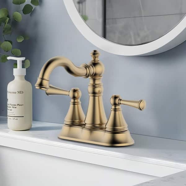 Cassic 4 in. Centerset Double Handle High Arc Bathroom Faucet with Push-Up Pop-Up Drain in Brushed Gold