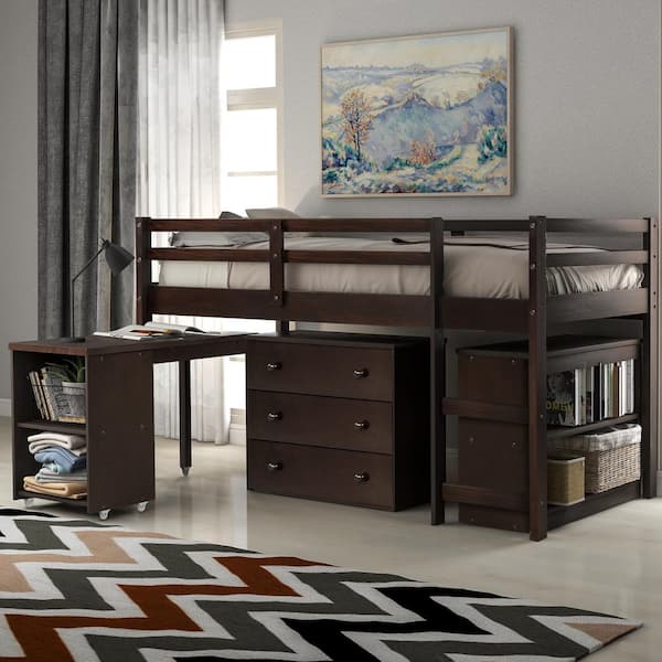 Harper & Bright Designs Espresso Low Study Twin Loft Bed with Cabinet and Rolling Portable Desk