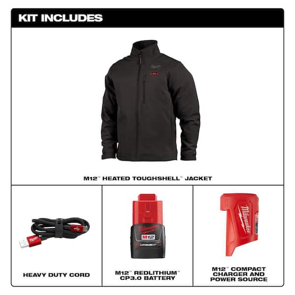 Milwaukee Men's Medium M12 12V Lithium-Ion Cordless TOUGHSHELL Black Heated  Jacket Kit with (1) 3.0 Ah Battery and Charger 204B-21M - The Home Depot