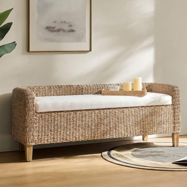 Carolina Natural Rattan Bench with Backrest and Hidden Storage 57.25 in.