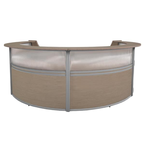 142 in. Noble Oak Marque Plexi Four-Unit Reception Curved Desk Workstation